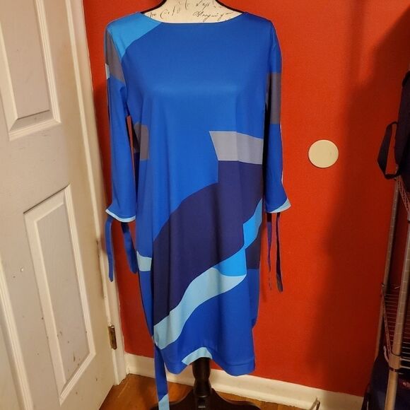 Women's Size Large Blue Gray Colorblock Slit Sleeve Dress - Picture 2 of 7